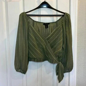 EUC House of Harlow 1960 Green Cropped Long Sleeve Blouse Off the Shoulder Sz S